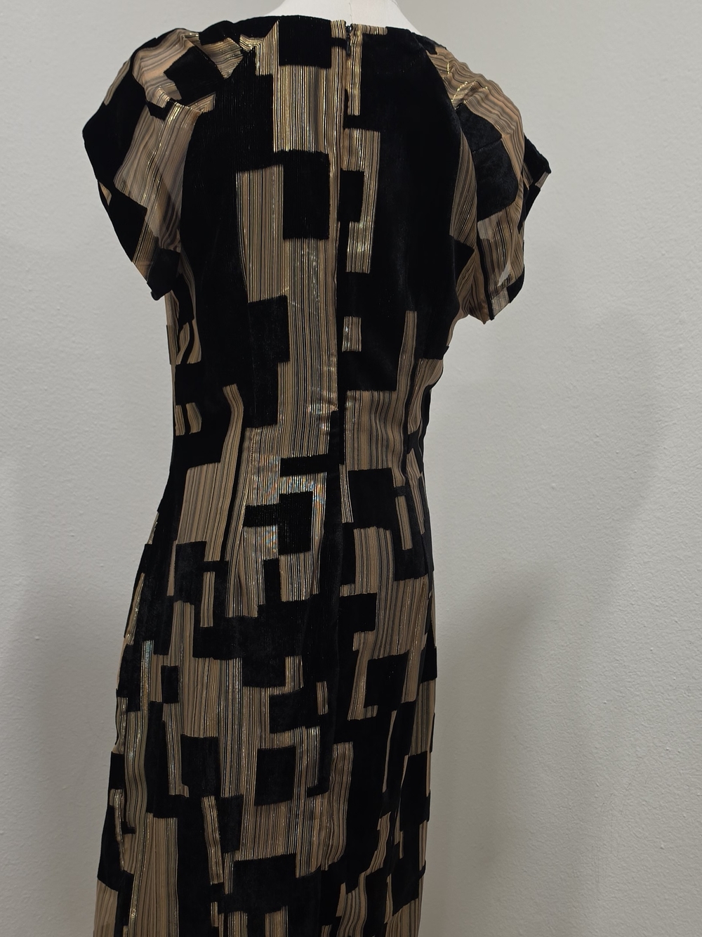 Donna Karan Black and Gold Geometric Midi Sheath Dress - Picture 7 of 15